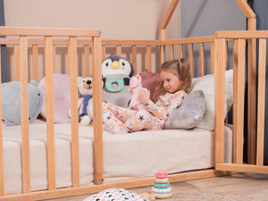 Montessori wood House Playpen Bed with Fall Protection Floor & Slats & Roof (Model 21)