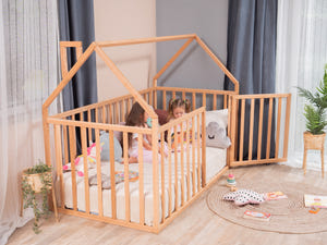Montessori wood House Playpen Bed with Fall Protection Floor & Slats & Roof (Model 21)