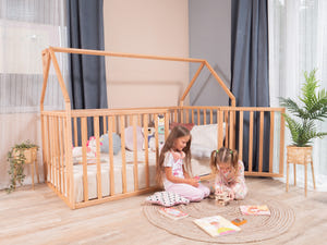 Montessori wood House Playpen Bed with Fall Protection Floor & Slats & Roof (Model 21)