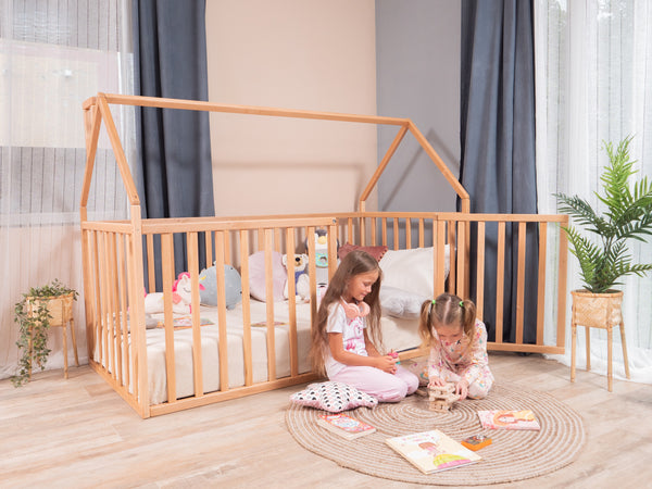 Montessori wood House Playpen Bed with Fall Protection Floor & Slats & Roof (Model21)