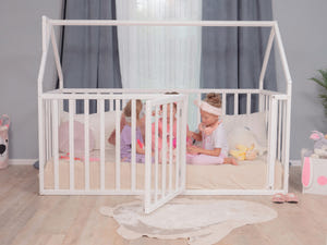 Montessori wood House Playpen with Fall Protection Platform Bed (Model 21)