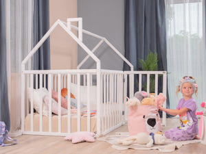 Montessori wood House Playpen with Fall Protection Platform Bed (Model 21)