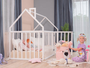 Montessori wood House Playpen with Fall Protection Platform Bed (Model 21)