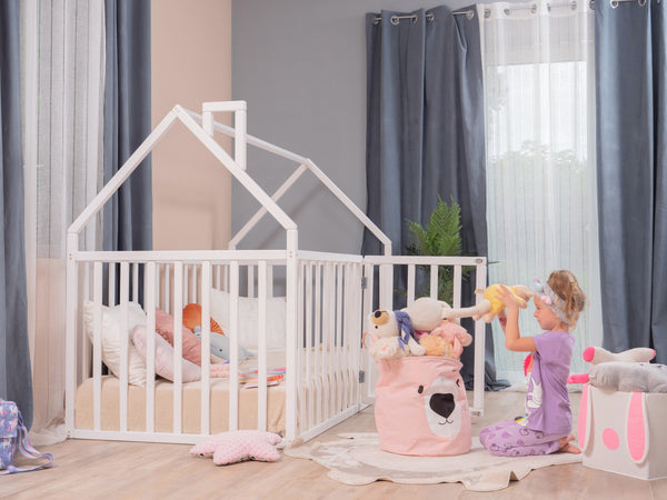 Montessori wood House Playpen with Fall Protection Platform Bed (Model 21)
