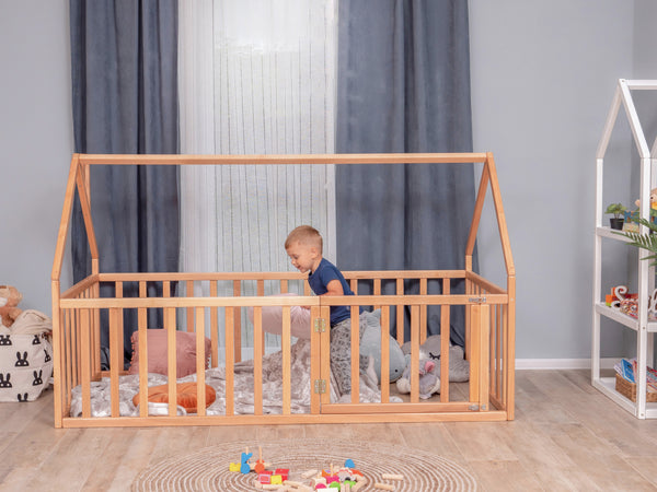 Montessori wood Playpen bed House (Model 6, Size 52x27.5 in, Natural tree color)