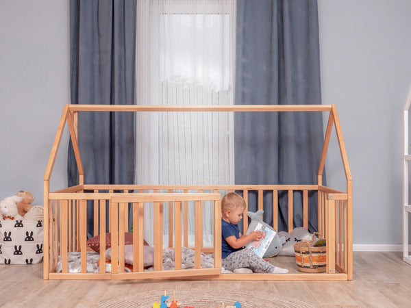 Montessori wood Playpen bed House (Model 6, Size 52x27.5 in, Natural tree color)