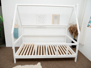 Toddler Bed with Legs, Roof and Slats with front rail White color, Twin size 75x38 in (Model 1)