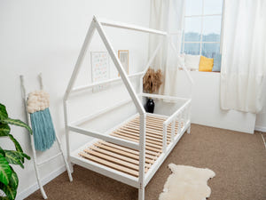Toddler Bed with Legs, Roof and Slats with front rail White color, Twin size 75x38 in (Model 1)