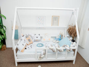 Toddler Bed with Legs, Roof and Slats with front rail White color, Twin size 75x38 in (Model 1)