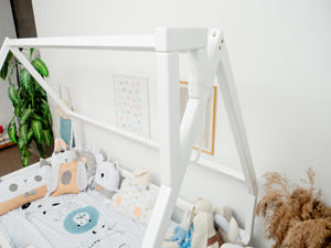 Toddler Bed with Legs, Roof and Slats with front rail White color, Twin size 75x38 in (Model 1)