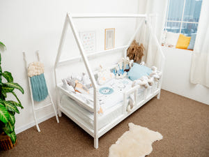 Toddler Bed with Legs, Roof and Slats with front rail White color, Twin size 75x38 in (Model 1)