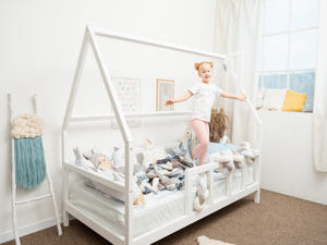 Toddler Bed with Legs, Roof and Slats with front rail White color, Twin size 75x38 in (Model 1)
