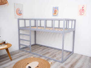 Twin size Wooden Montessori Bunk Floor bed for toddlers (Model 13, Grey color)