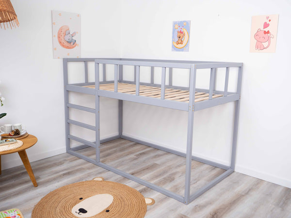Twin size Wooden Montessori Bunk Floor bed for toddlers (Model 13, Grey color)