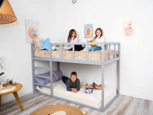 Twin size Wooden Montessori Bunk Floor bed for toddlers (Model 13, Grey color)