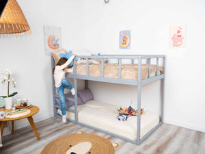 Twin size Wooden Montessori Bunk Floor bed for toddlers (Model 13, Grey color)