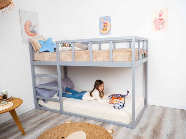 Twin size Wooden Montessori Bunk Floor bed for toddlers (Model 13, Grey color)