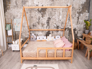Full Montessori Bed with legs and roof Natural color, Size 75x54 in (Model 1)