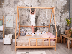 Full Montessori Bed with legs and roof Natural color, Size 75x54 in (Model 1)