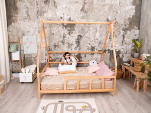 Full Montessori Bed with legs and roof Natural color, Size 75x54 in (Model 1)
