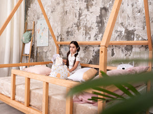 Full Montessori Bed with legs and roof Natural color, Size 75x54 in (Model 1)