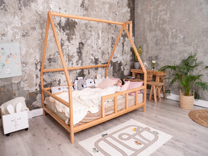 Full Montessori Bed with legs and roof Natural color, Size 75x54 in (Model 1)