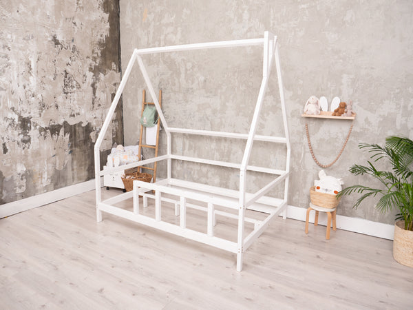 Full size Montessori Bed Frame with legs and roof White color, Size 75x54 in (Model 1)