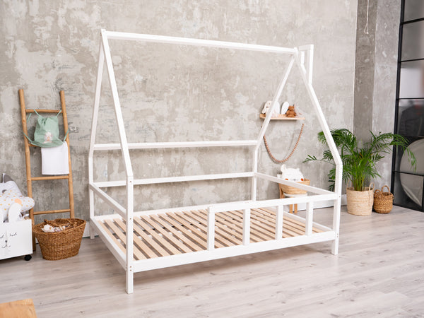 Montessori Bed Frame with legs and roof White color, Size 75x54 in (Model 1)