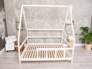 Full size Montessori Bed Frame with legs and roof White color, Size 75x54 in (Model 1)