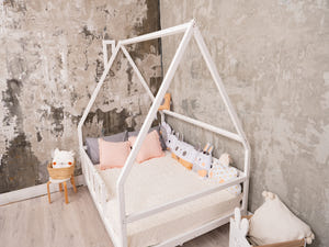 Full size Montessori Bed Frame with legs and roof White color, Size 75x54 in (Model 1)