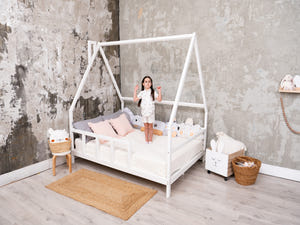 Full size Montessori Bed Frame with legs and roof White color, Size 75x54 in (Model 1)