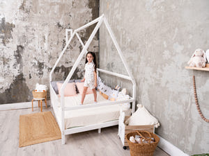 Montessori Bed Frame with legs and roof White color, Size 75x54 in (Model 1)