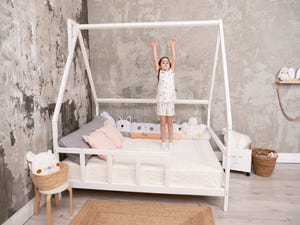 Full size Montessori Bed Frame with legs and roof White color, Size 75x54 in (Model 1)