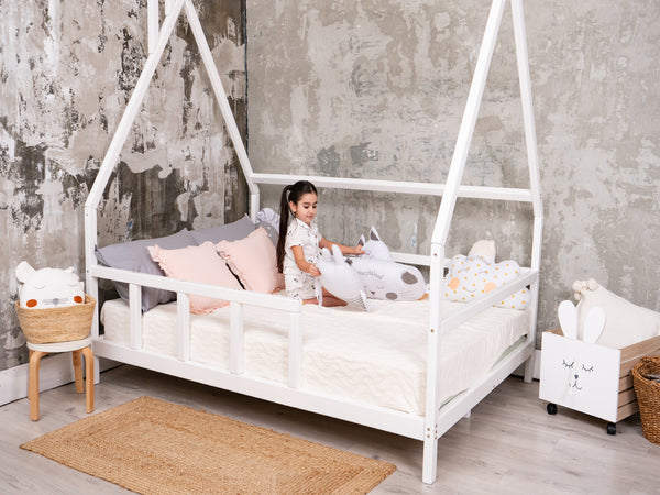 Full size Montessori Bed Frame with legs and roof White color, Size 75x54 in (Model 1)