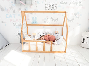 Montessori Toddler Floor Bed with Wooden Slats & Climbing Frame (Model 1)
