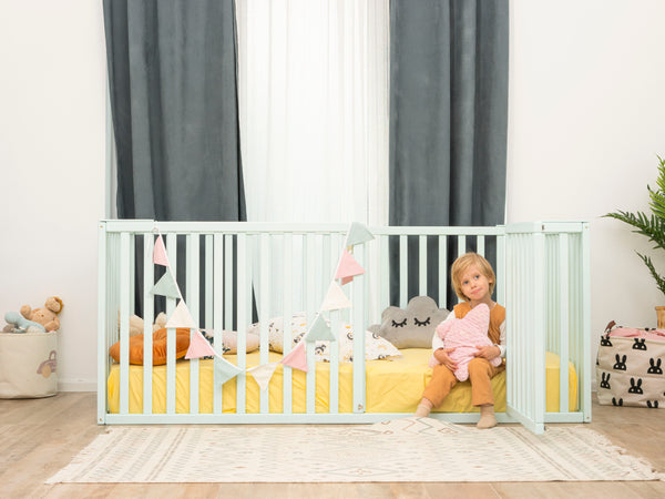 Montessori wood Platform Playpen Bed with extended rail (Model 20,  Size 75x38 in, Blue color)