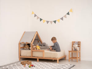 Headboard Bed with Grey Canopy