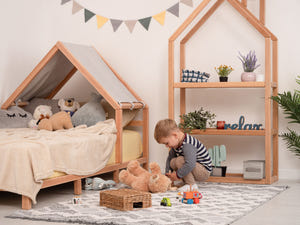 Headboard Bed with Grey Canopy