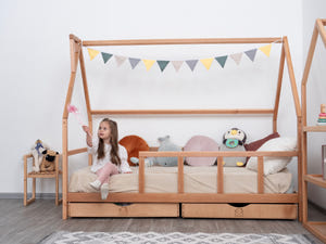 Wood Montessori Bed and Storage Drawers Set for Toddlers in Natural color (Model 1)