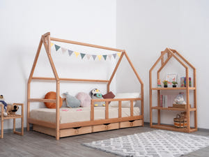 Wood Montessori Bed and Storage Drawers Set for Toddlers in Natural color (Model 1)