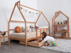 Wood Montessori Bed and Storage Drawers Set for Toddlers in Natural color (Model 1)