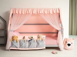 Princess Palace Canopy Bed in Twin and Full Sizes - Set of Two: Bed with Slats + Princess Canopy with Bedside Caddy and Tulle Curtain