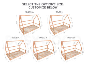 House toddler floor bed with slats without front rail | 7 colors | 13 sizes (Model 1)