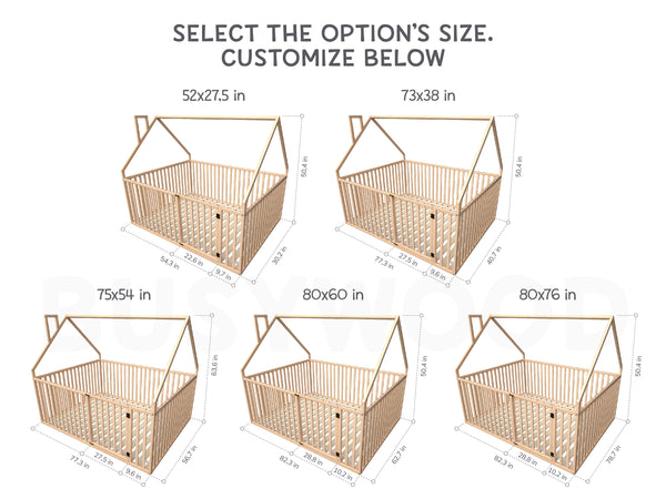 Montessori wood House Playpen Bed with Fall Protection Floor & Slats & Roof (Model21)
