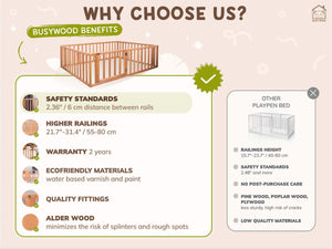 Wooden  floor bed Play pen with extended rail 31.4 in (Model 6.3/20)