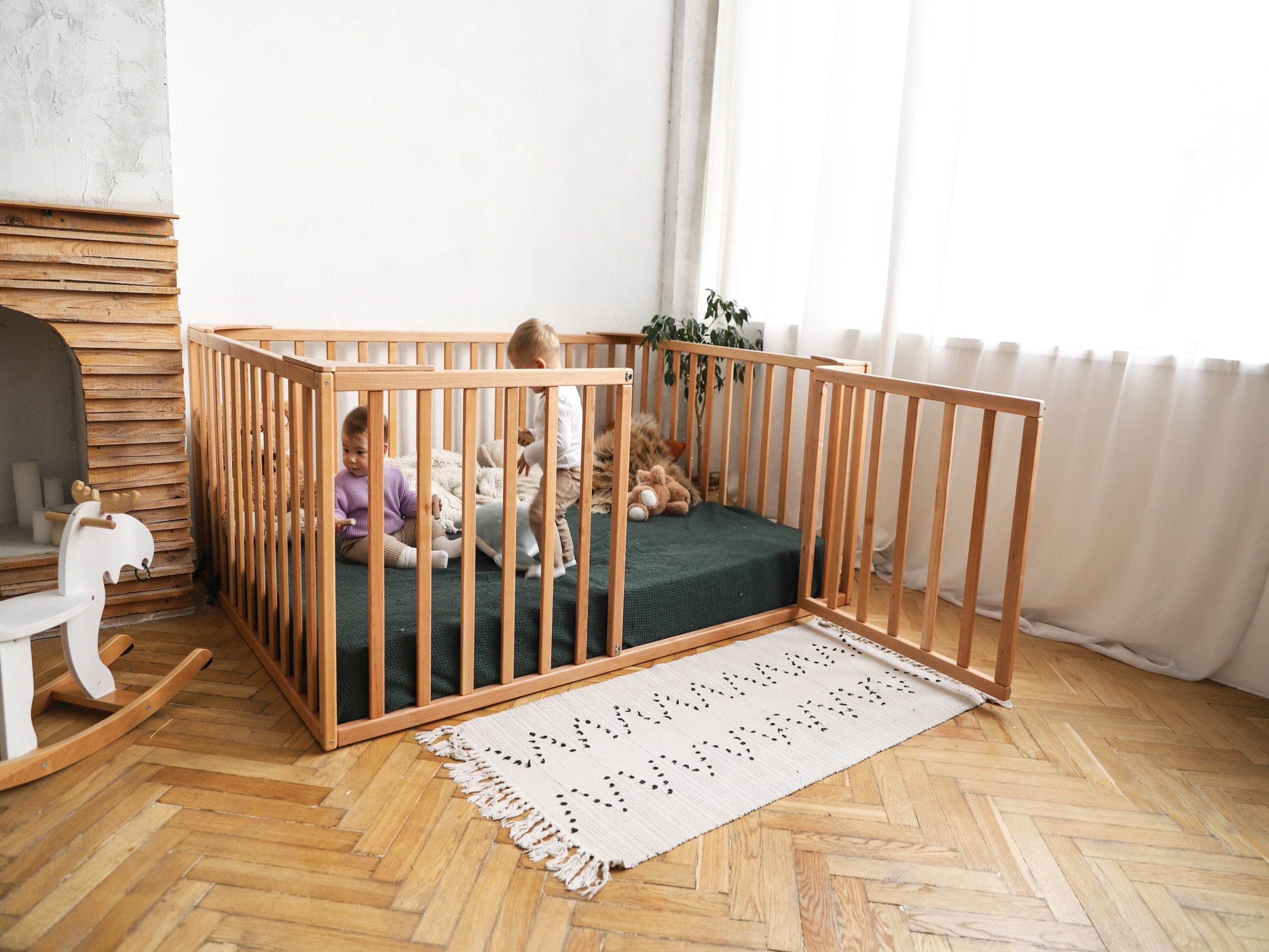 Wooden Platform bed Playpen with extended rail