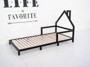 Montessori Wood House Bed Frame Toddler Bed with legs Black color (Model 3)