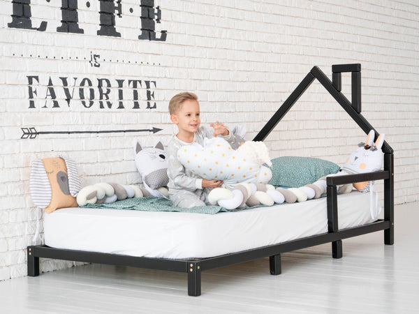 Montessori Wood House Bed Frame Toddler Bed with legs Black color (Model 3)