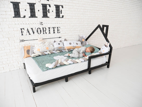 Montessori Wood House Bed Frame Toddler Bed with legs Black color (Model 3)