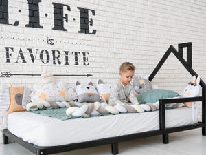 Montessori Wood House Bed Frame Toddler Bed with legs Black color (Model 3)